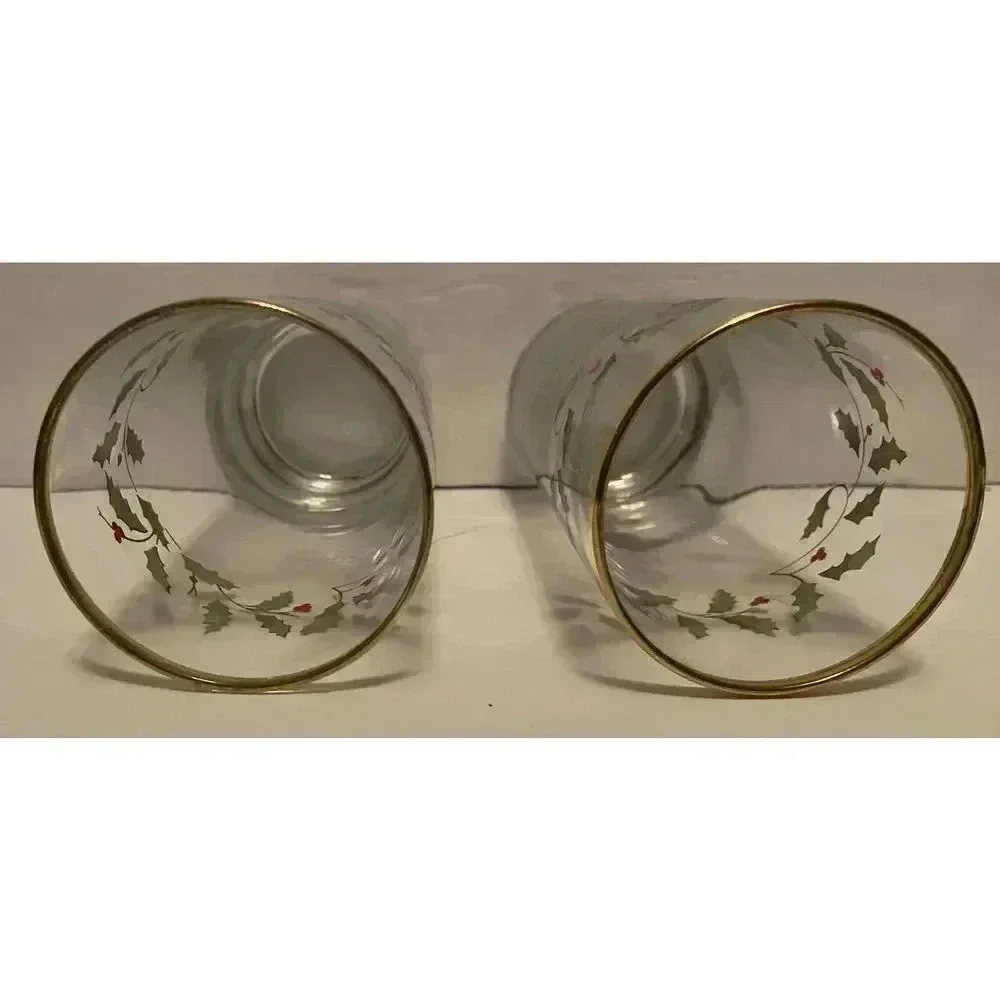 Lenox Holly & Berry Holiday Tall Glass Gold Trim‎ Set Of 2  6.25”H x 2 7/8”W